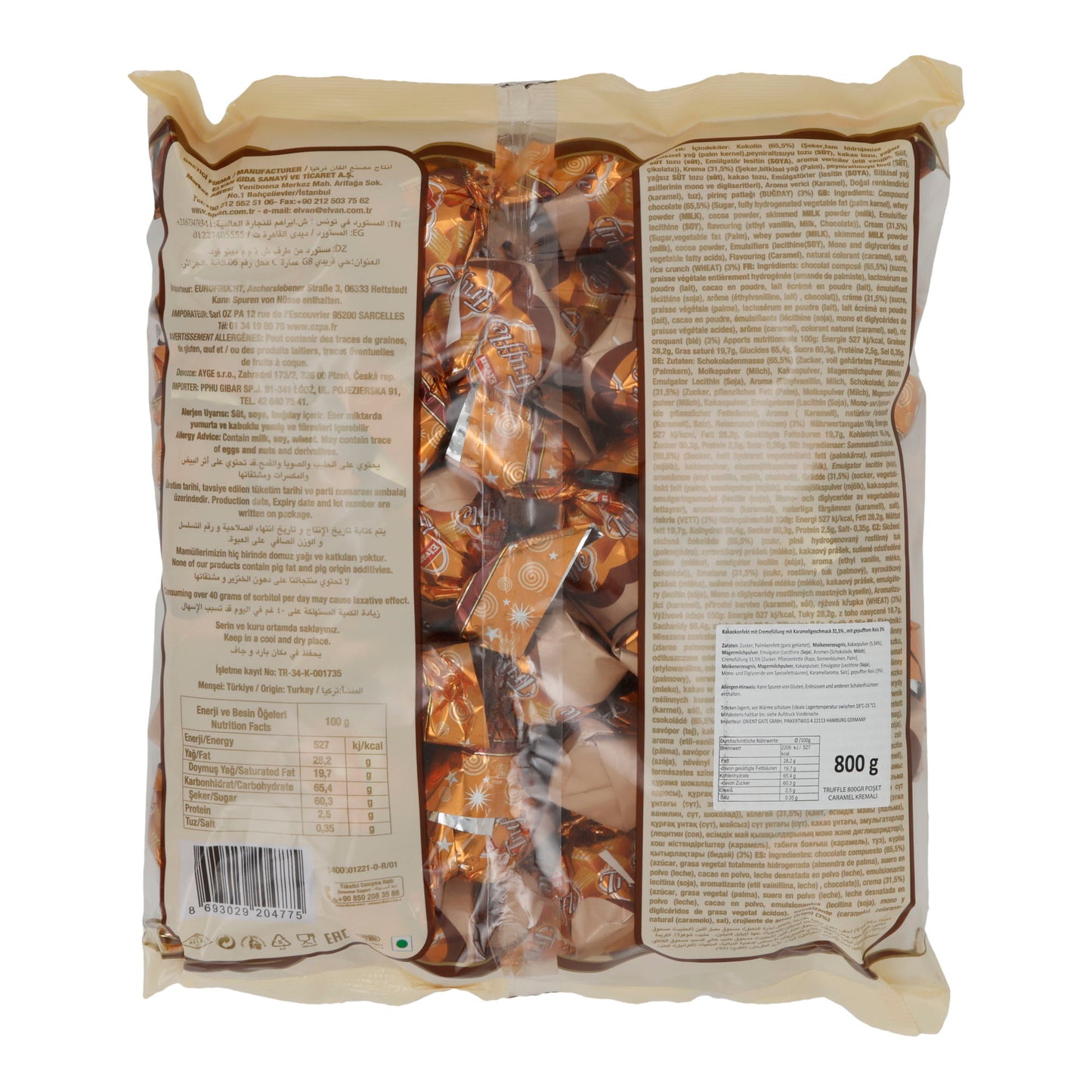 Milchschokolade Elvan Truffle Karamell | Schokolade | mit Karamellfüllung und Puffreis | 800 g Beutel