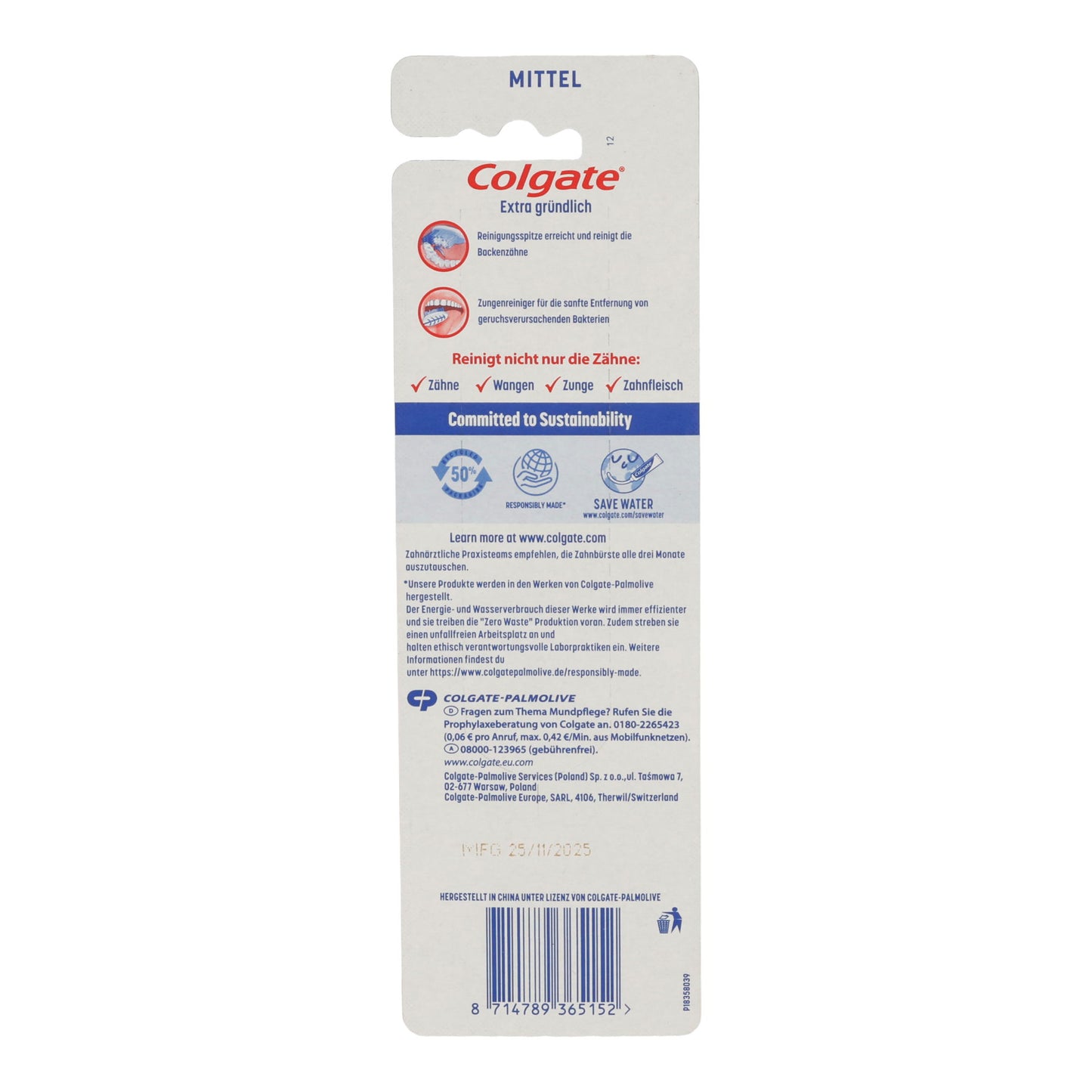 Colgate Extra Gründlich Zahnbürsten Mittel mit Zungenreiniger | 3 Stück