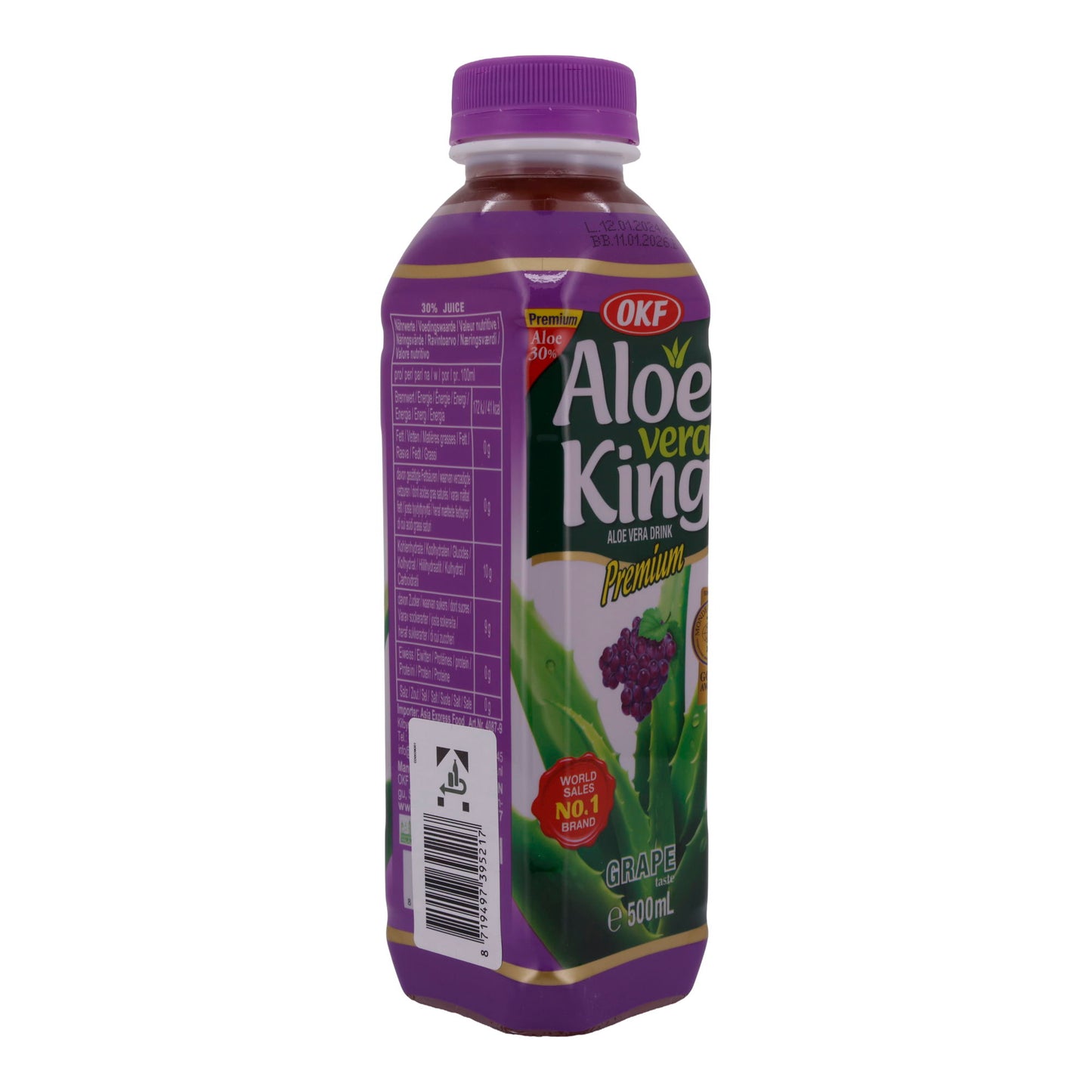 Boisson Aloe Vera OKF | Aloe Vera King Raisin | Rafraîchissant, saveur raisin, 30% Aloe Vera | 500 ml