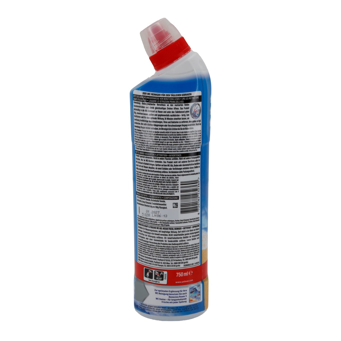 WC-Reiniger Domestos Kraft & Frische | WC-Reiniger | Mit Anti-Kalk-Wirkung & Meeresduft | 750 ml