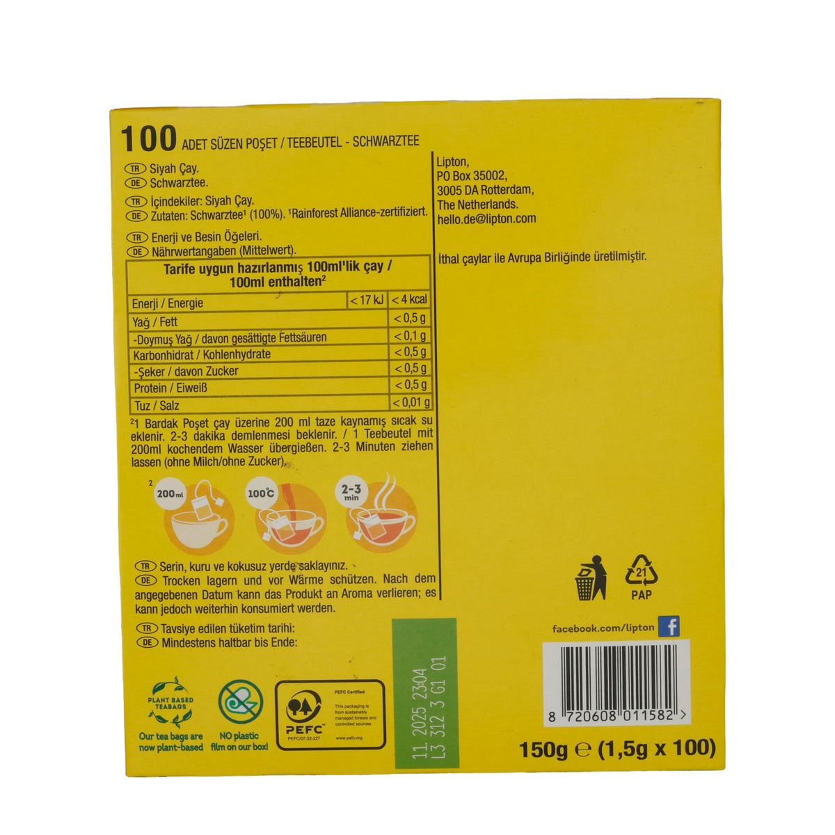 Schwarzer Tee Lipton | Yellow Label | 100 Teebeutel | 150g LIPTON