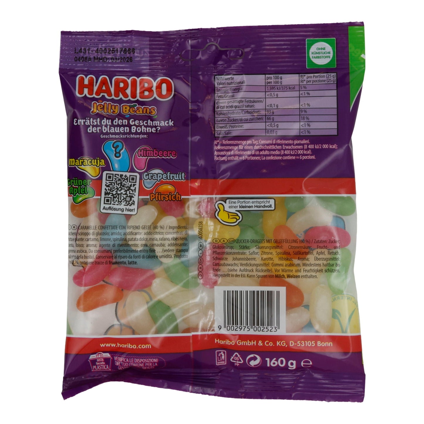 HARIBO Jelly Beans Veggie | Fruchtgummi ohne Gelatine | 6 Sorten inkl. Überraschungsgeschmack | 160 g | Vegan HARIBO