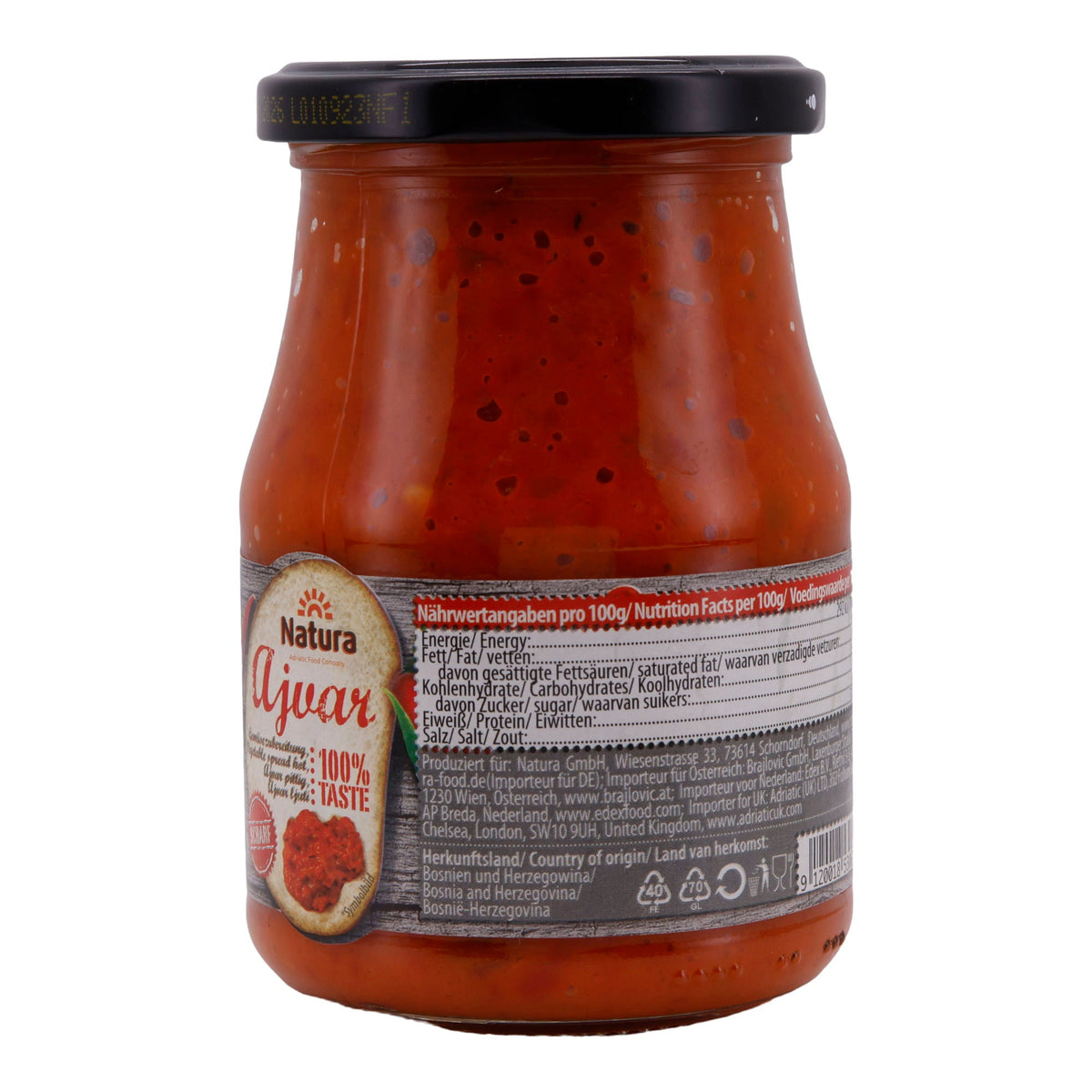 Gemüsepaste Natura | Ajvar Scharf | Scharfe Gemüsezubereitung aus Paprika, Tomaten und Auberginen | 370 ml Glas NATURA