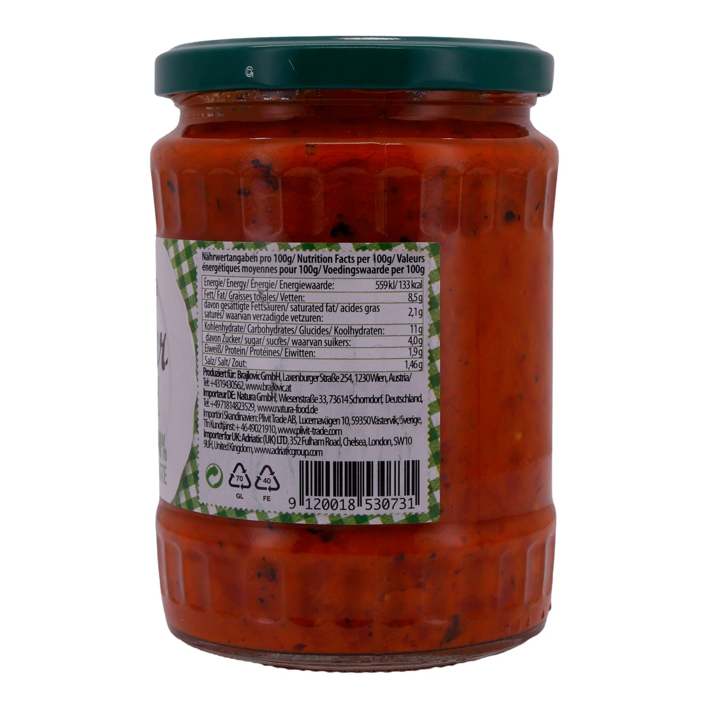 Paprikapasta Natura | Ajvar mild | Traditioneel, mild, ideaal voor dips & bijgerechten | 540 g