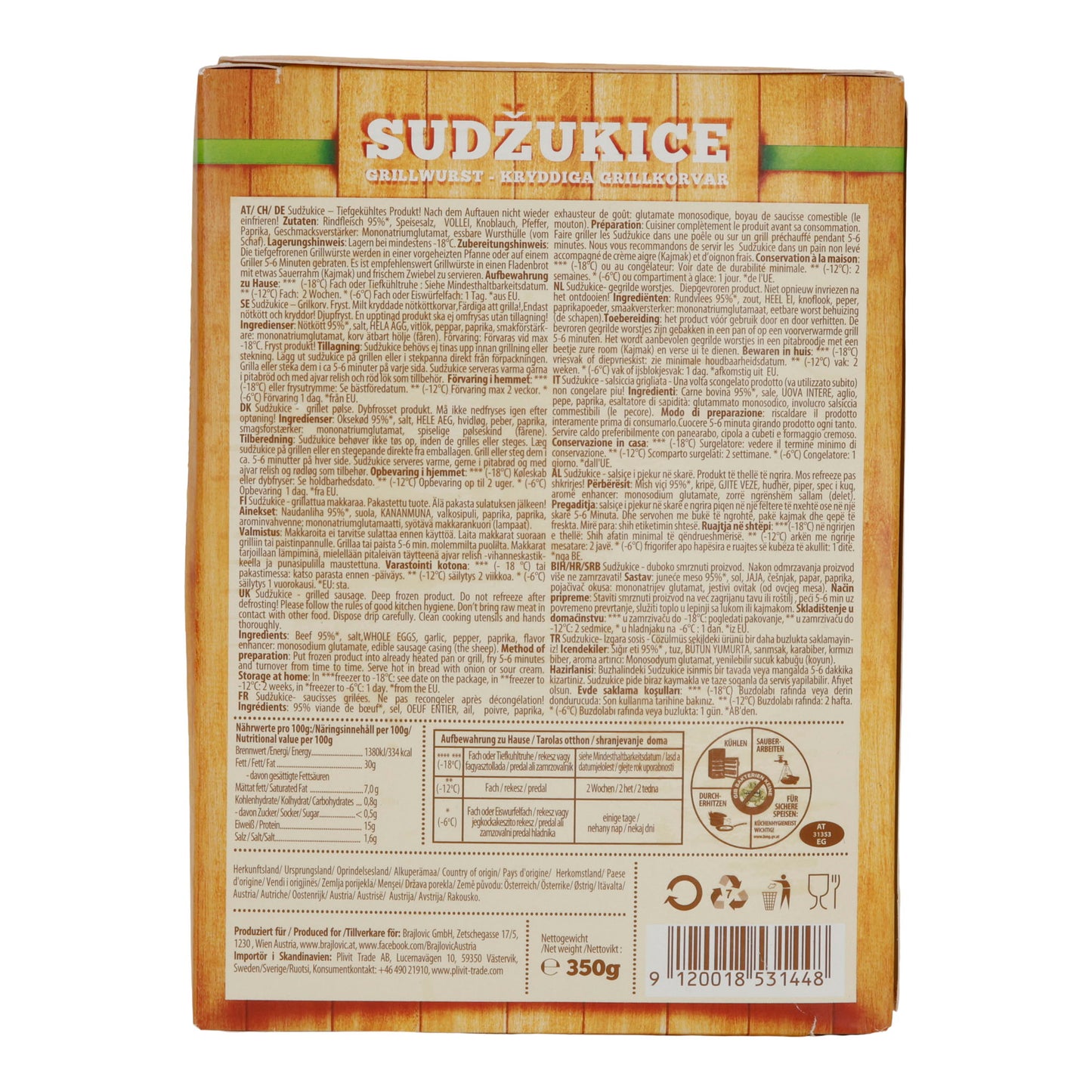 Salsiccia alla griglia Brajlović | Sudžukice | Piccante, carne di manzo, surgelata | 350 g