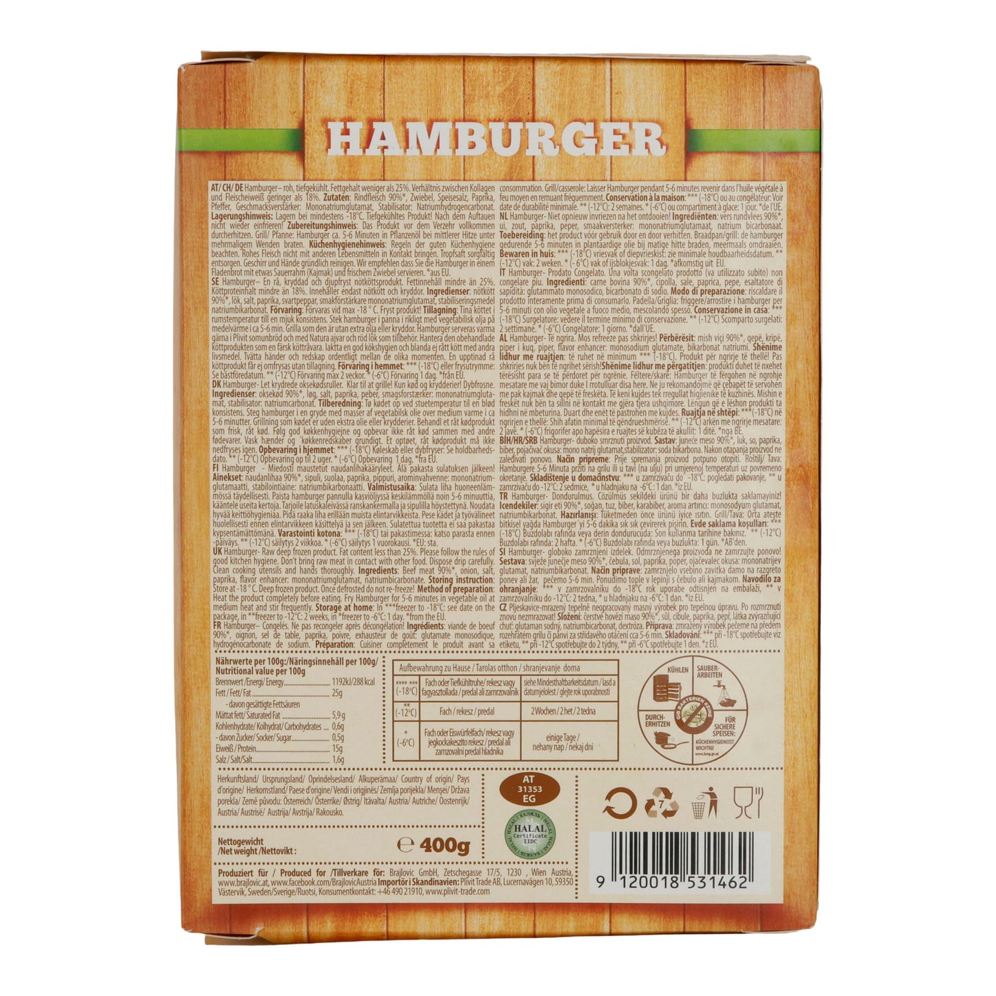 Hamburger Brajlović | 100 % carne di manzo | surgelato | 400 g (4 × 100 g)
