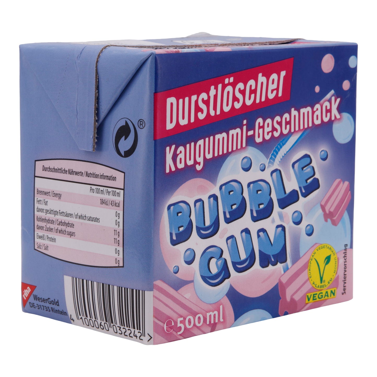 Kaugummi-Geschmack Durstlöscher | Bubble Gum, Vegan | 500 ml