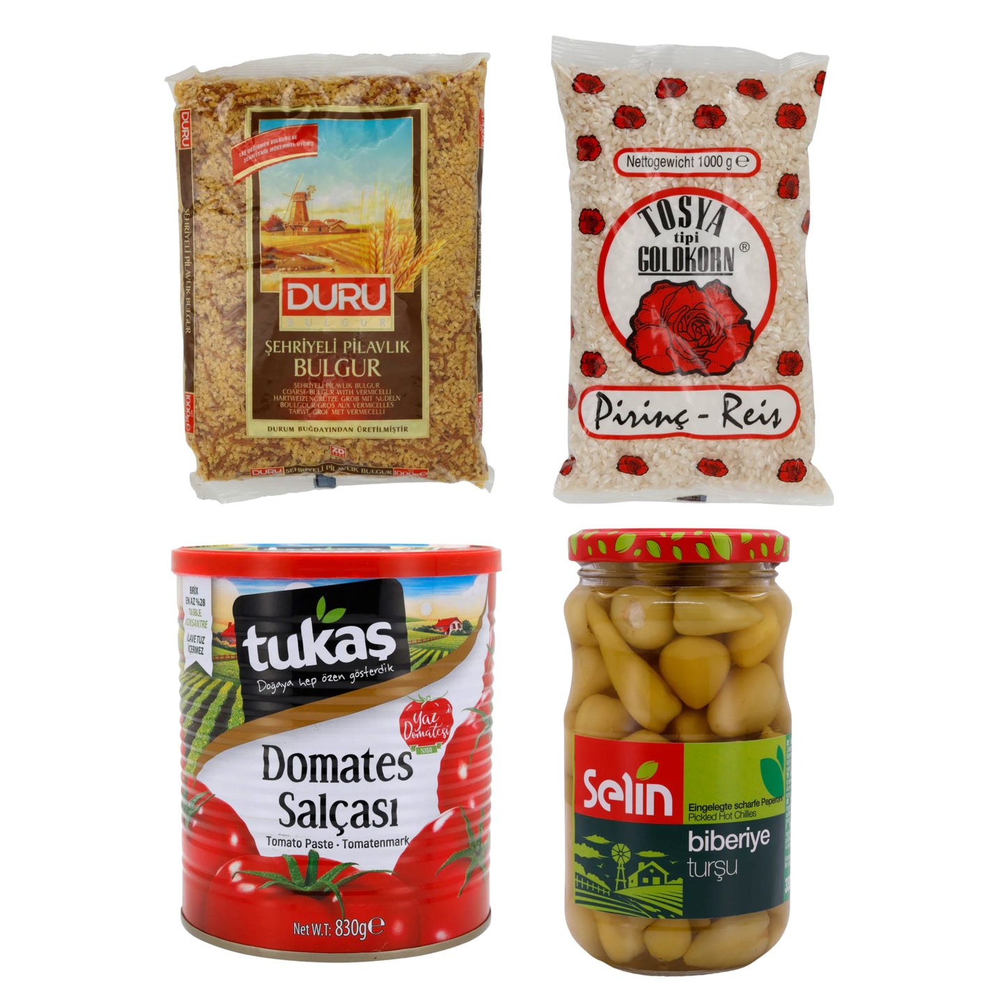 Alles was du zum essen brauchst: Bulgur Duru Şehriyeli Pilavlık 1kg, Rundkornreis Tosya 1000g, Tomatenmark Tukaş 830g, Peperoni Selin 580g