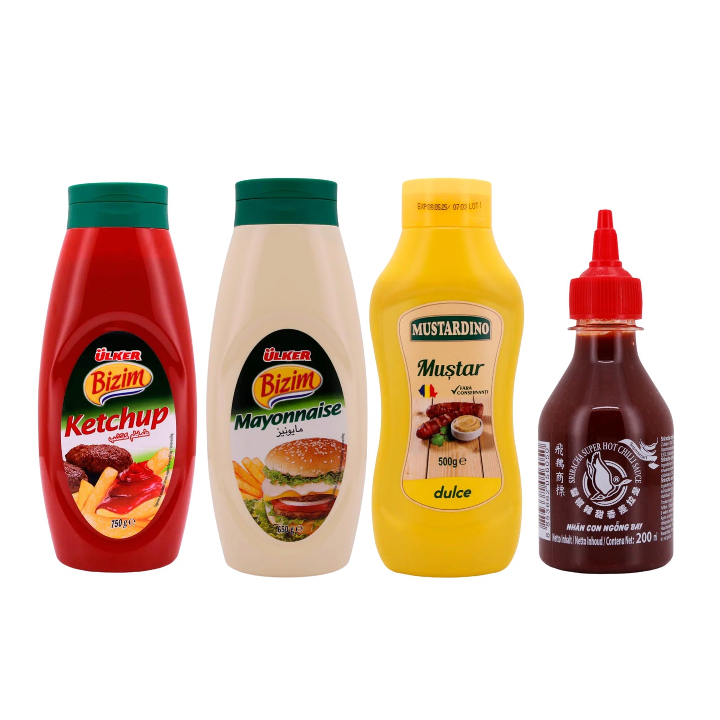 Lieblingssoßen Set: Ketchup Ülker 750g, Mayonnaise Ülker Bizim 650g, Sriracha Flying Goose 200 ml, Muștar dulce Mustardino 500g