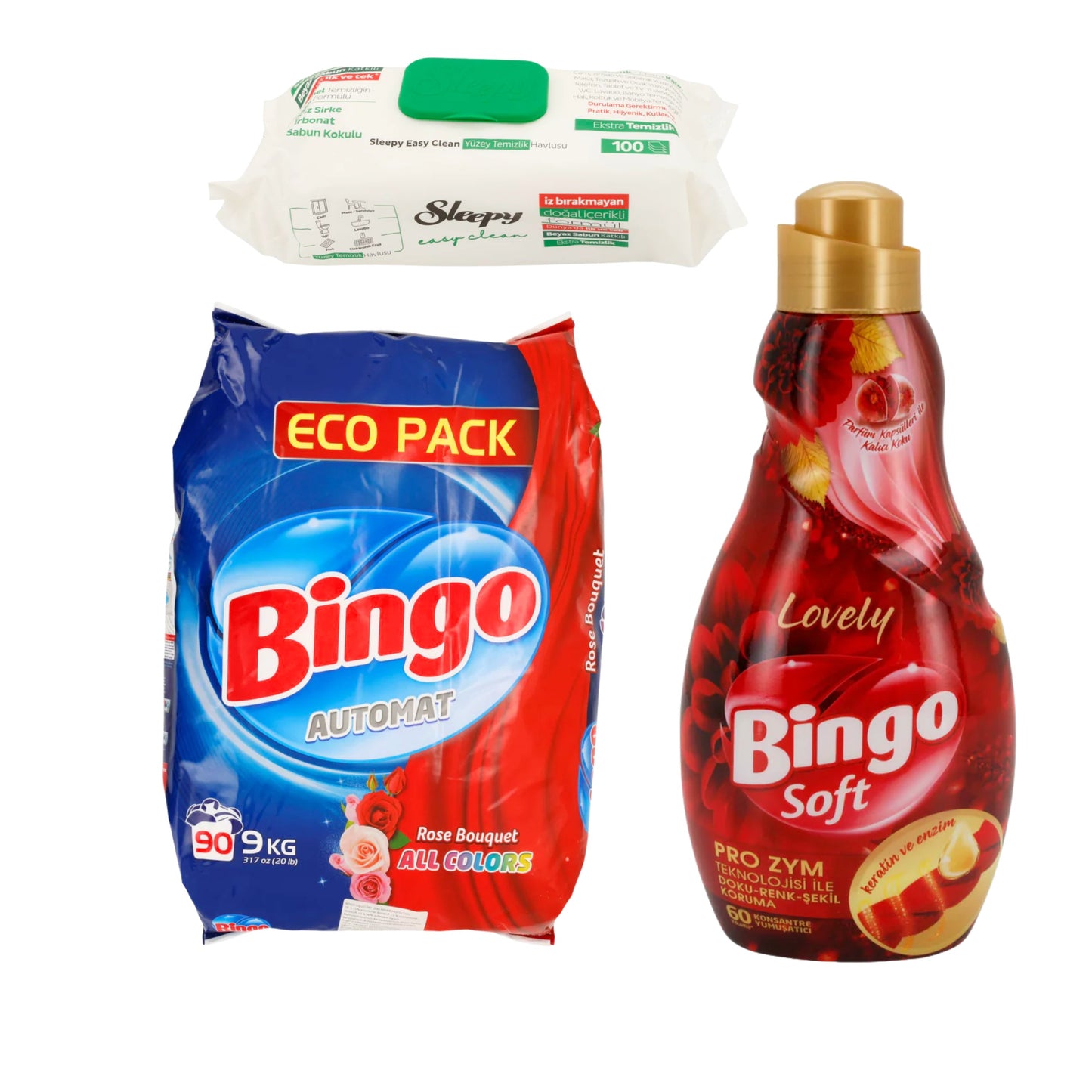 Blitze-Blank Set: Reinigungstücher Sleepy Easy Clean 100 Tücher, Weichspüler Bingo Soft Lovely 60 Wl, Automat Rose Bouquet Bingo 9Kg