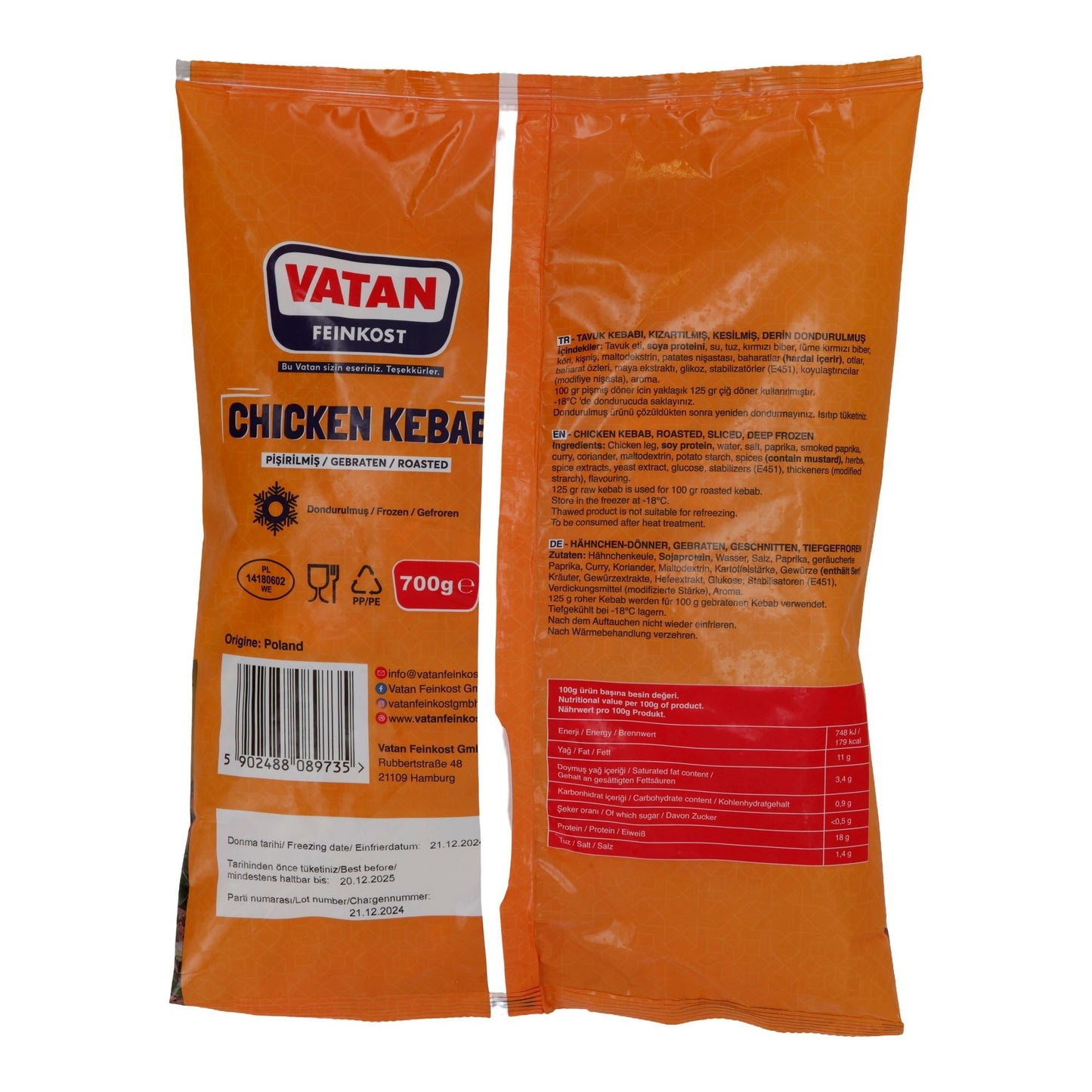 Chicken Kebab Vatan | Gebratener Hähnchenkebab | Tiefgefroren | 700 g VATAN