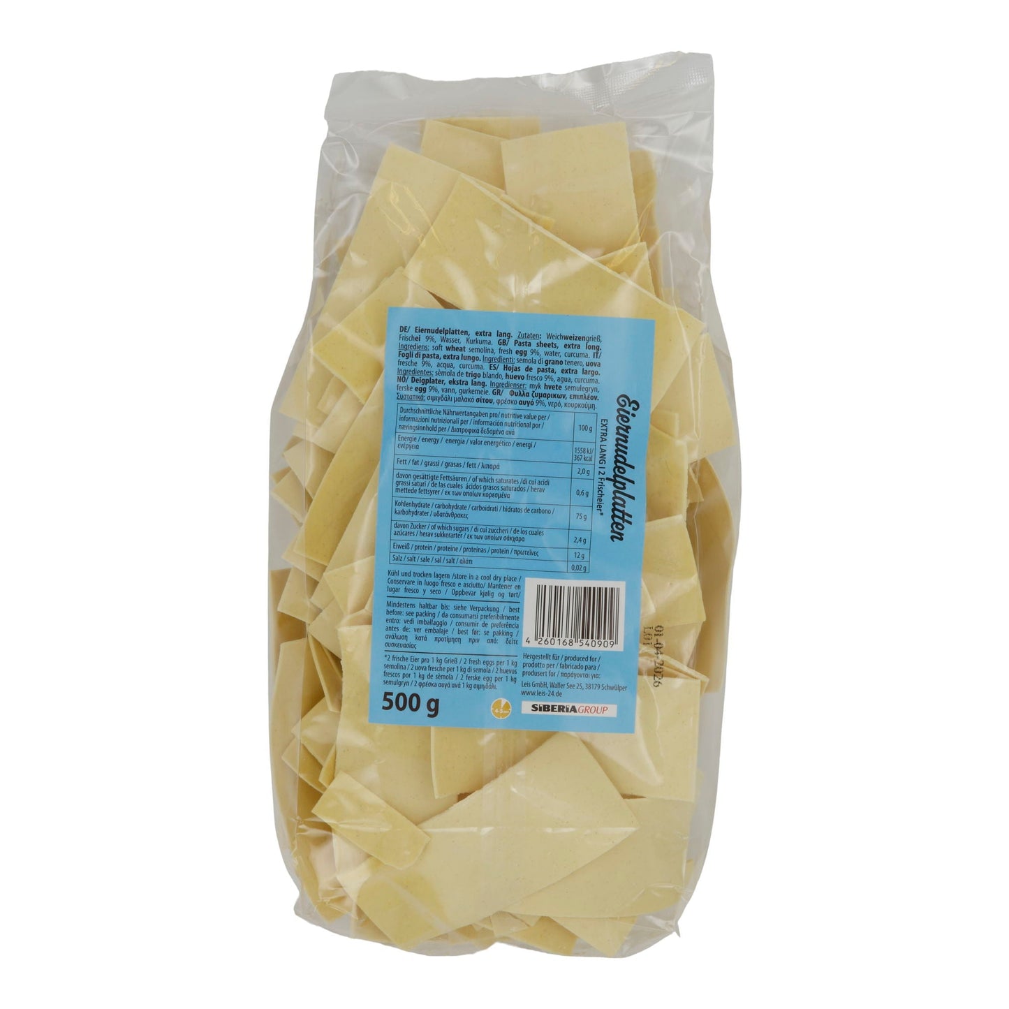 Eiernudeln | Eiernudelplatten extra lang | 500 g | mit 2 Frischeiern | kochfest & aromatisch LEIS