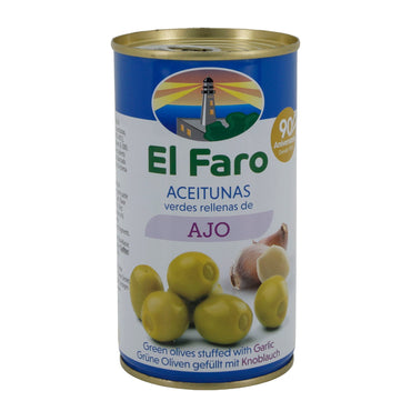 El Faro | Grüne Oliven gefüllt mit Knoblauchpaste | Intensiv-würzig | Spanische Tapas | 350 g / 150 g Abtropfgewicht Silca