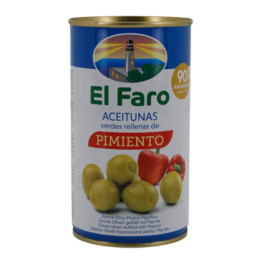 El Faro | Grüne Oliven gefüllt mit Paprikapaste | Milder Tapas-Snack | 350 g / 150 g Abtropfgewicht Silca