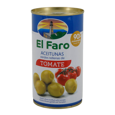 El Faro | Grüne Oliven gefüllt mit Tomatenpaste | Mediterraner Geschmack | 350 g / 150 g Abtropfgewicht Silca