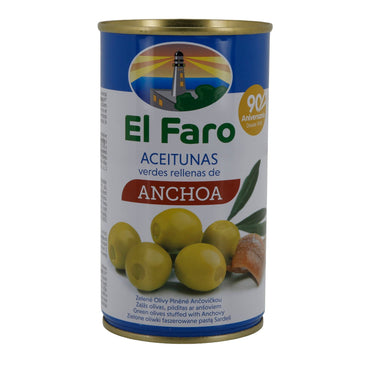 El Faro Grüne Oliven mit Sardellenpaste | Gefüllte Oliven | 350 g Dose (Abtropfgewicht 150 g) | Spanische Tapas-Spezialität Silca