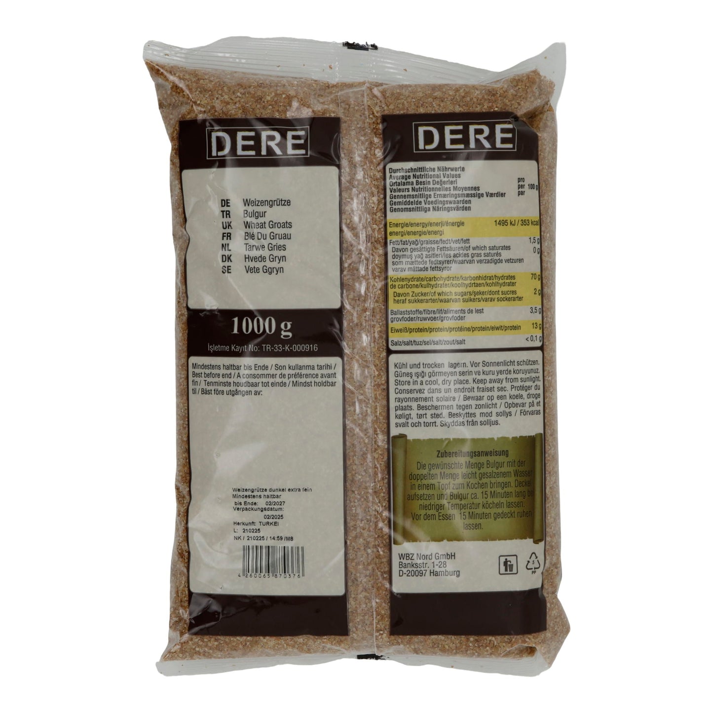 Feine Weizengrütze Dere Bulgur braun | Für Çiğ Köfte und orientalische Gerichte | 1000 g