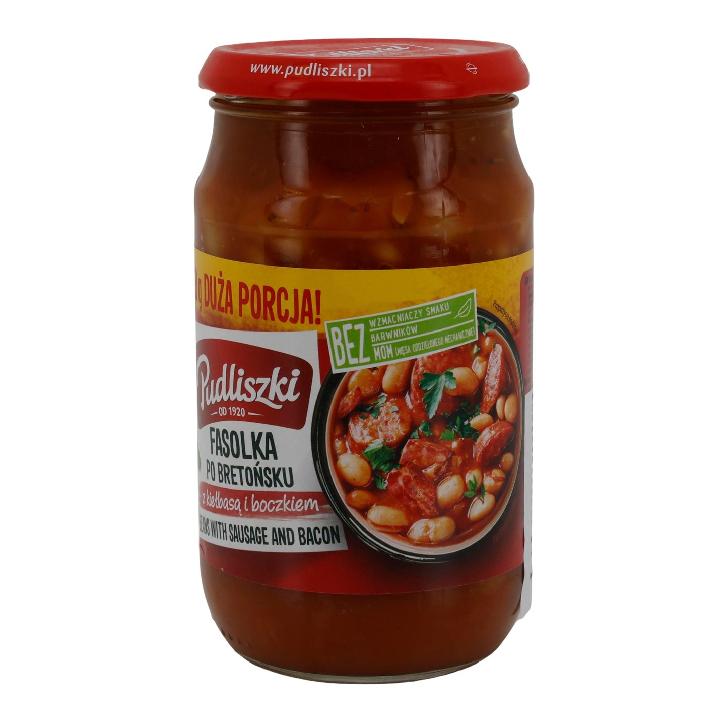 Fertiggericht Pudliszki | Fasolka po Bretońsku mit Wurst & Speck | Bohnen in Tomatensauce | 600g Glas PL