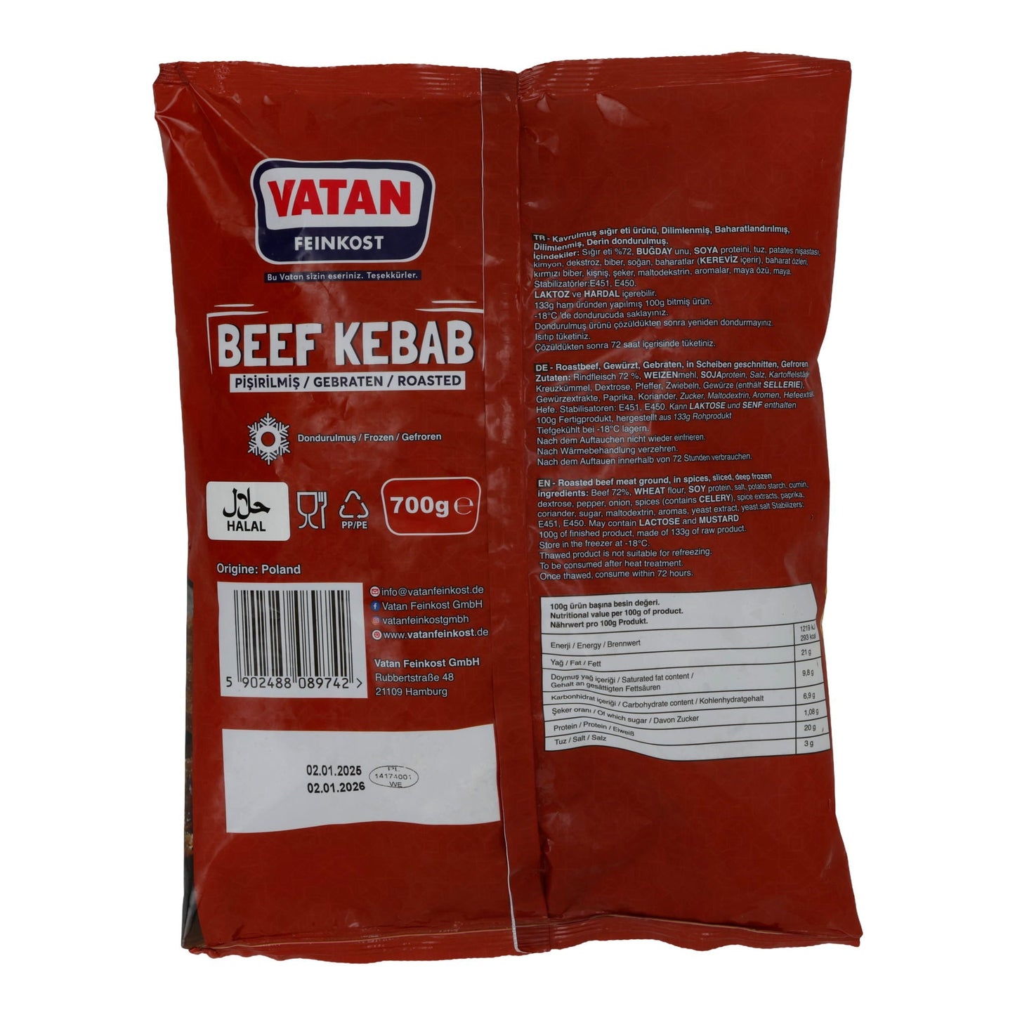 Fleisch Vatan Feinkost | Beef Kebab | Gebraten, Halal | 700 g VATAN