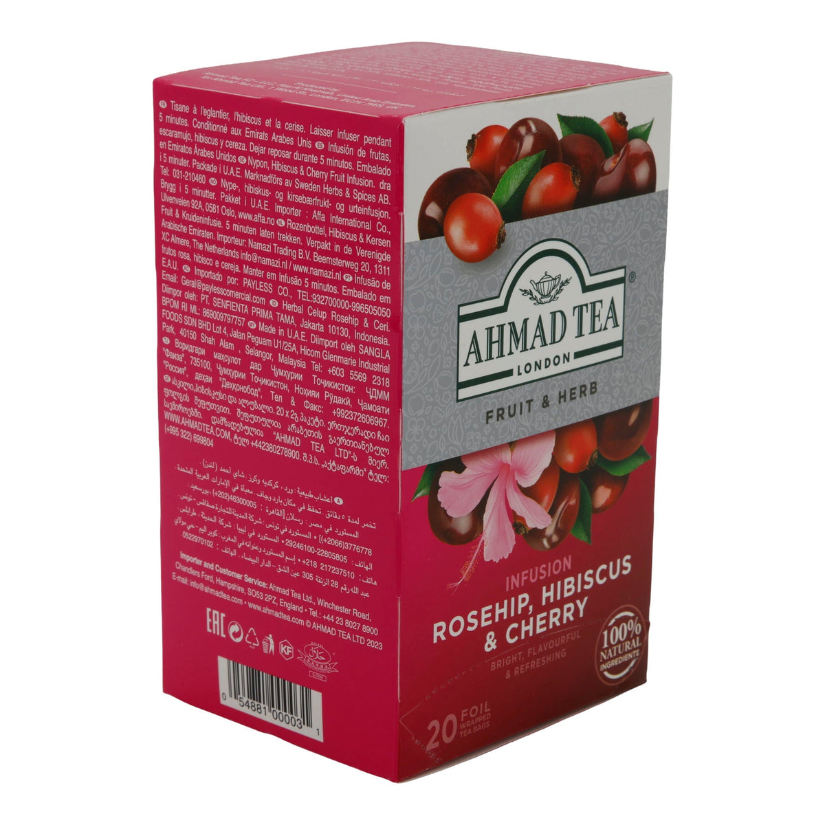 Früchtetee Ahmad Tea | Rosehip, Hibiscus & Cherry | Fruchtige Kräuterinfusion mit Hagebutte, Hibiskus und Kirsche | 20 Teebeutel AHMAD TEA