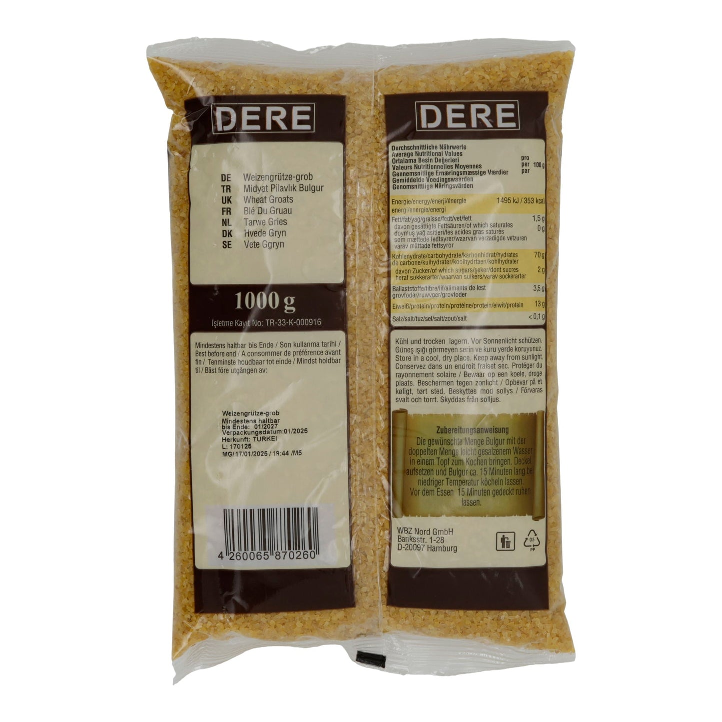 Grobe Weizengrütze Dere Midyat Bulgur | Pour plats de pilaf savoureux & spécialités | 1000 g