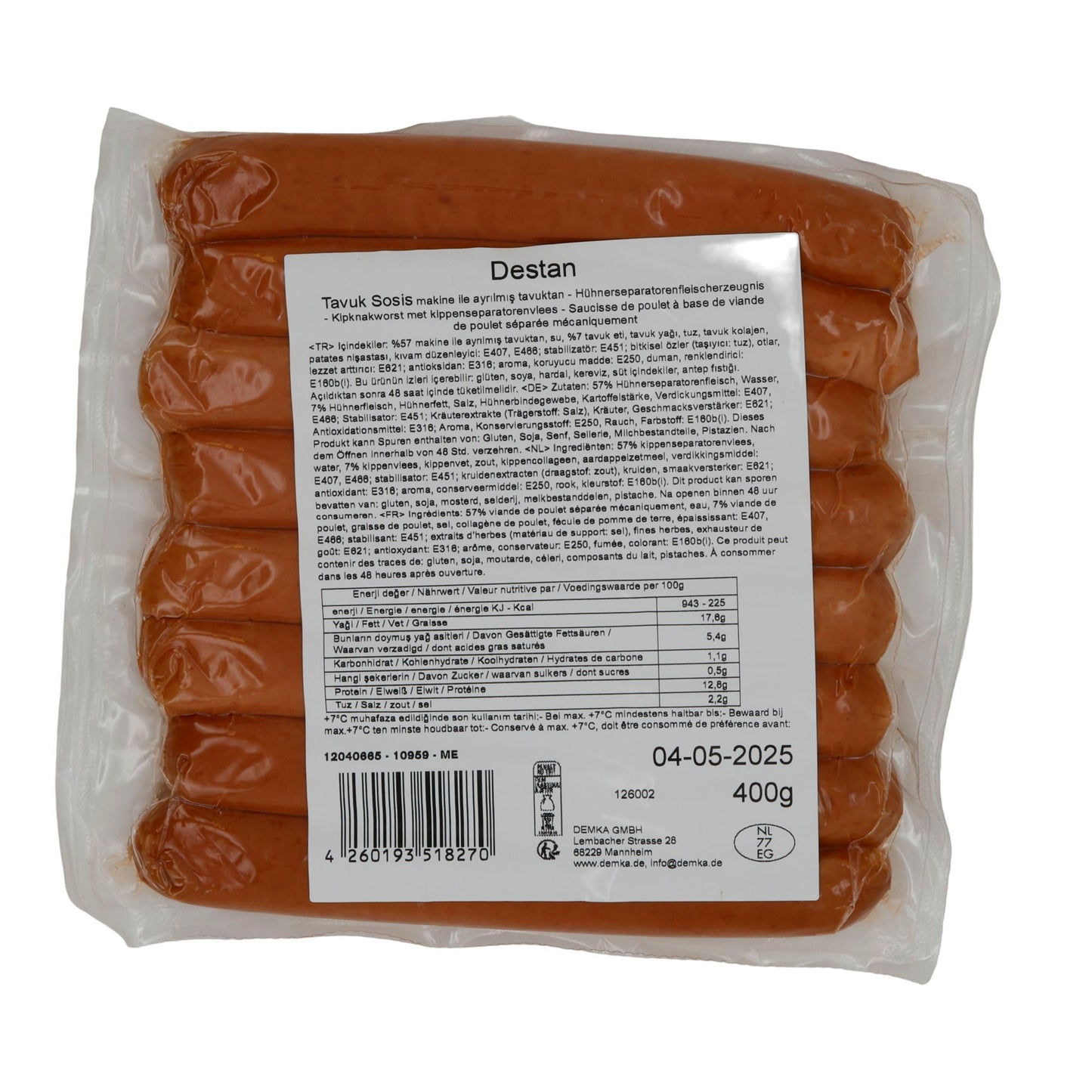 Hähnchenwürstchen Destan Tavuk Sosis | Hähnchenwürstchen | Für vielseitigen Genuss | 400 g DESTAN