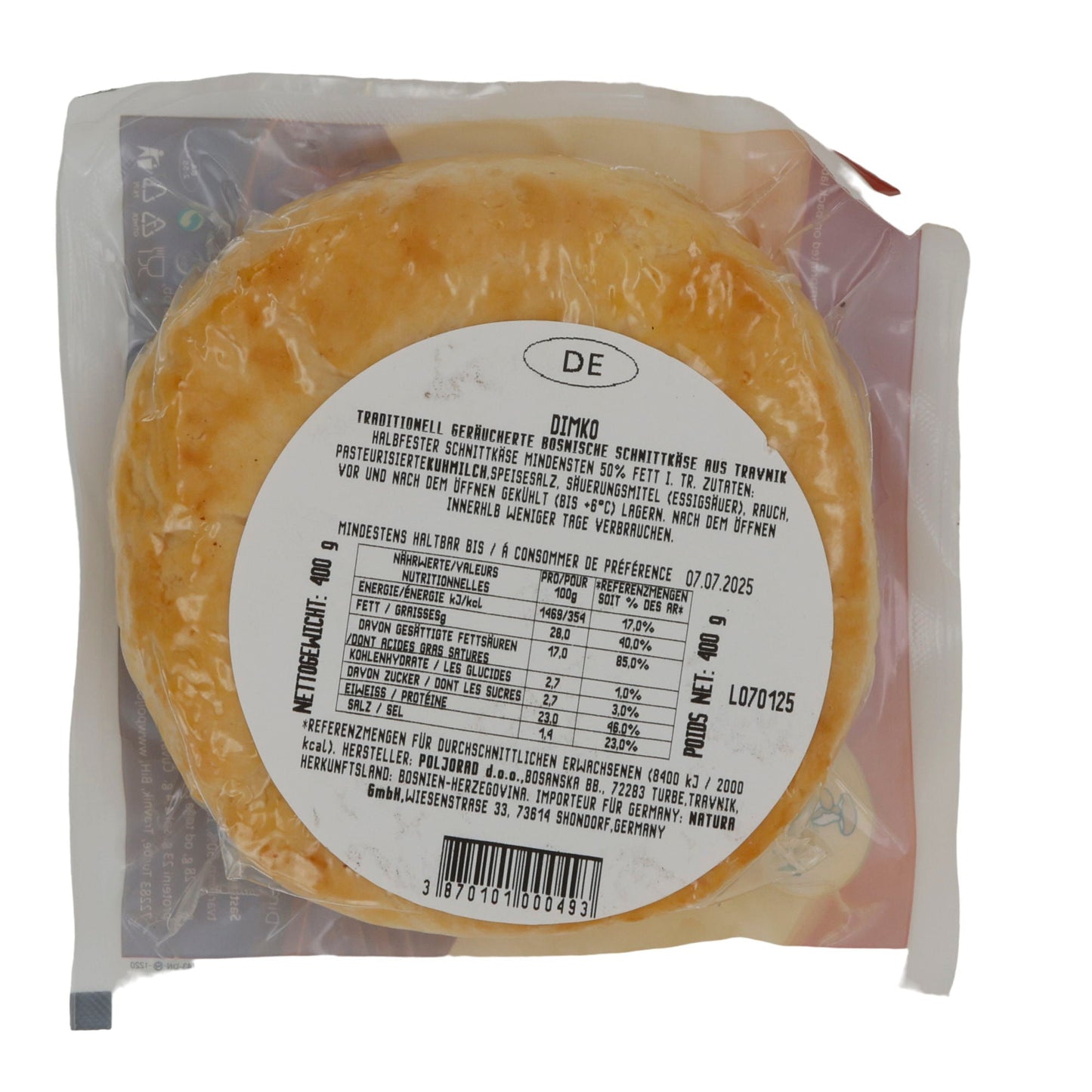 Käse Dimko geräucherter Käse | Halbfest | Milder Rauchgeschmack | 400 g POLJORAD