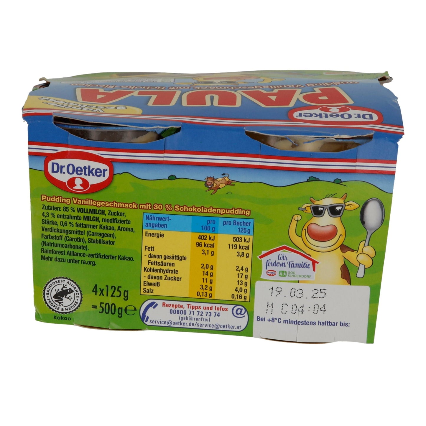 Pudding Dr. Oetker Paula Pudding Vanille mit Schoko-Flecken | Cremiger Milchpudding | 4 x 125 g DR.OETKER