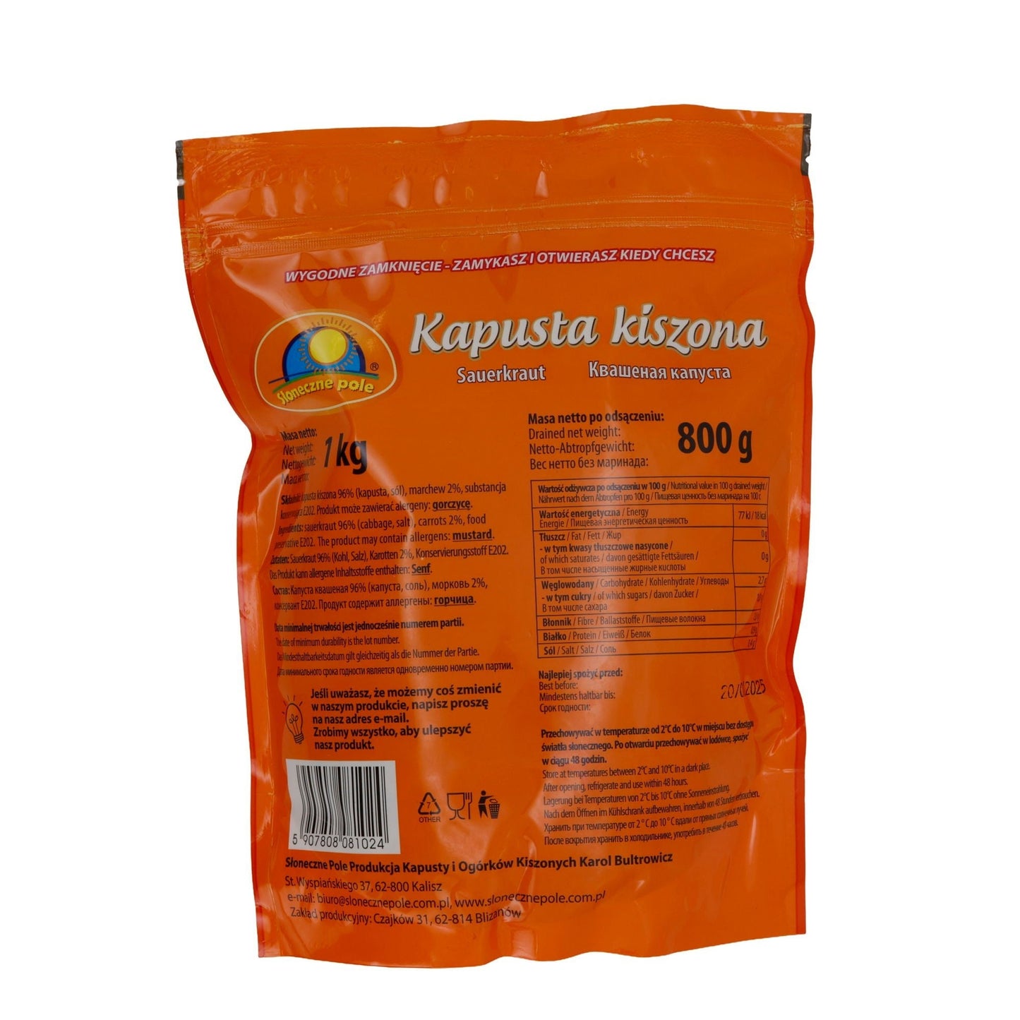 Sauerkraut Słoneczne Pole Kapusta Kiszona | Sauerkraut | Traditionelles polnisches Sauerkraut | 1 kg SLONECZNE