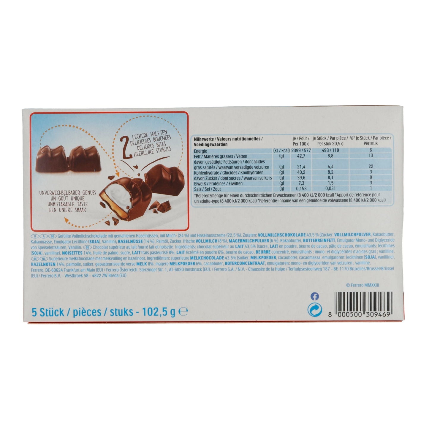 Schokoladengenuss Kinder Choco Fresh | Milch-Snack | Mit Haselnuss und Milchcreme | 5×20,5 g FERRERO