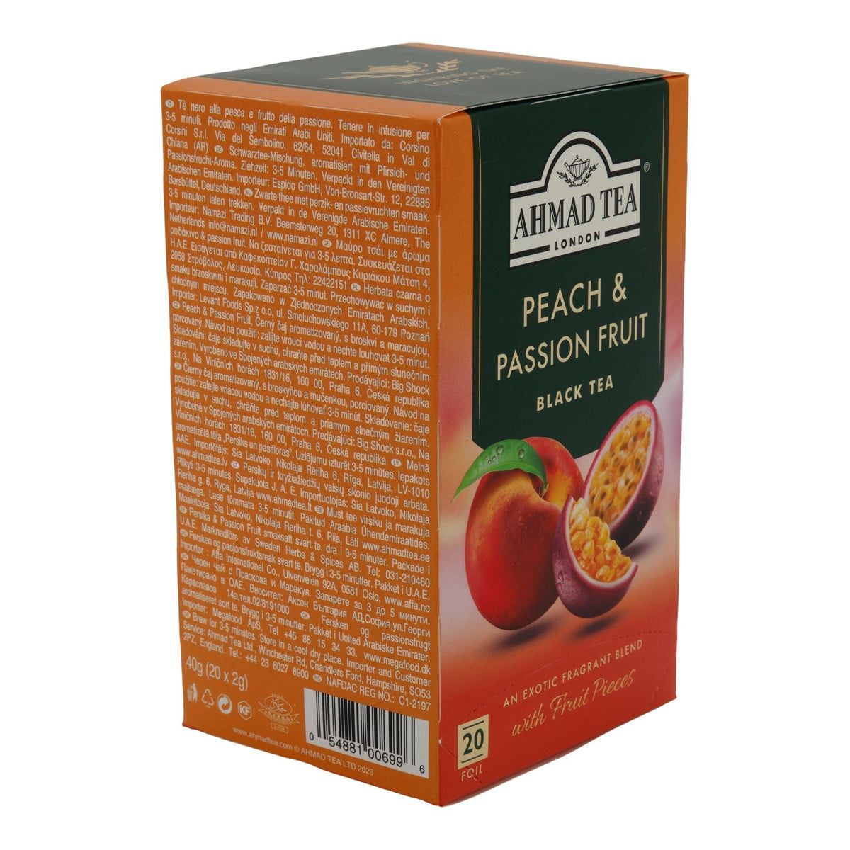 Schwarztee Ahmad Tea | Peach & Passion Fruit | Aromatisierter Schwarztee mit Pfirsich- und Passionsfruchtstücken | 20 Teebeutel AHMAD TEA