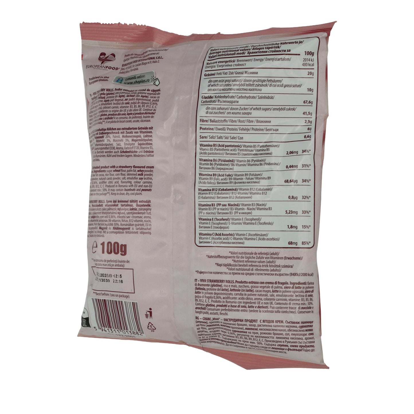 Strawberry Rolls Viva | Knusprige Röllchen | Mit Erdbeer-Creme-Füllung | 100 g