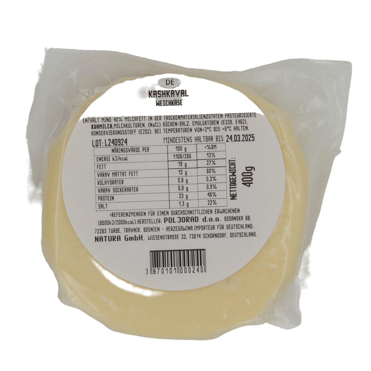 Weichkäse Kashkaval Weichkäse | Traditionell | Halbfester Käse aus Bosnien | 400 g POLJORAD