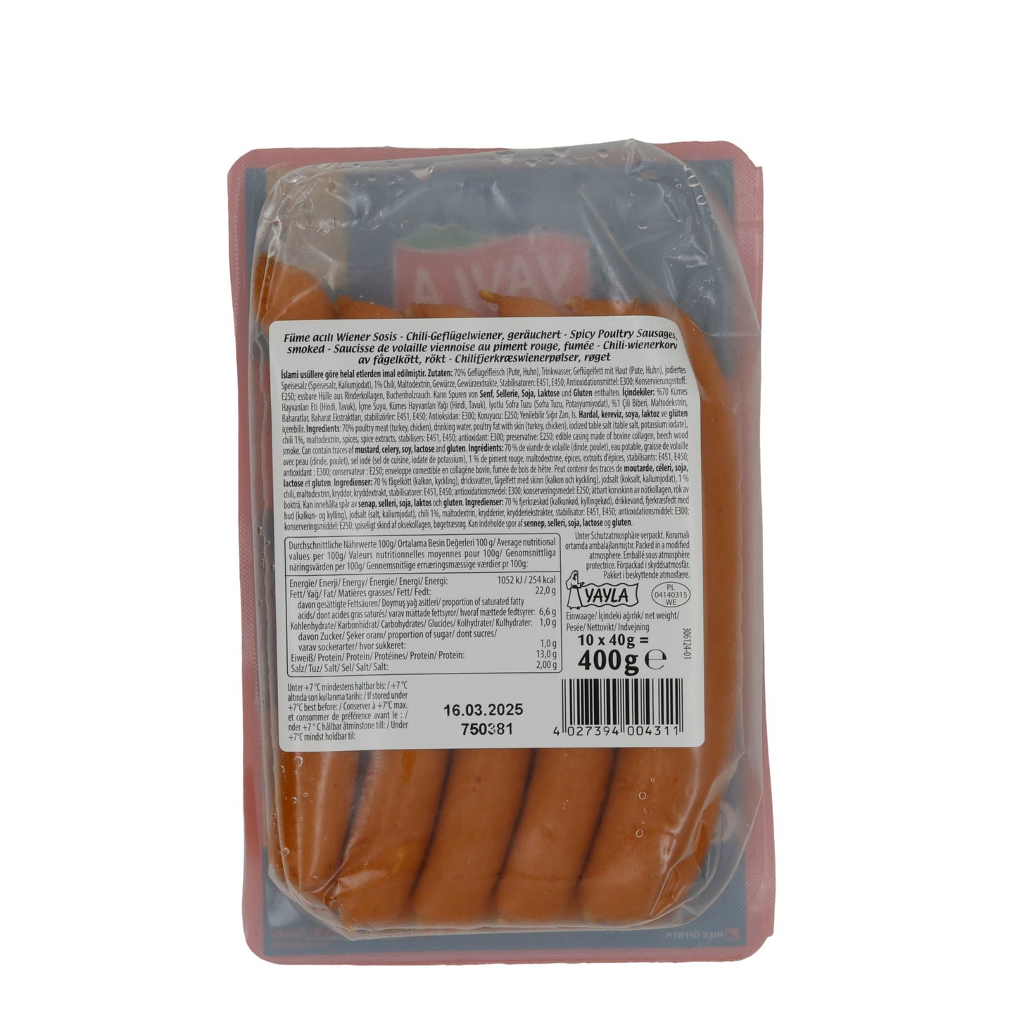 Würstchen Yayla | Acılı Wiener Sosis | Geräuchert, Geflügel, mit Chili | 400 g
