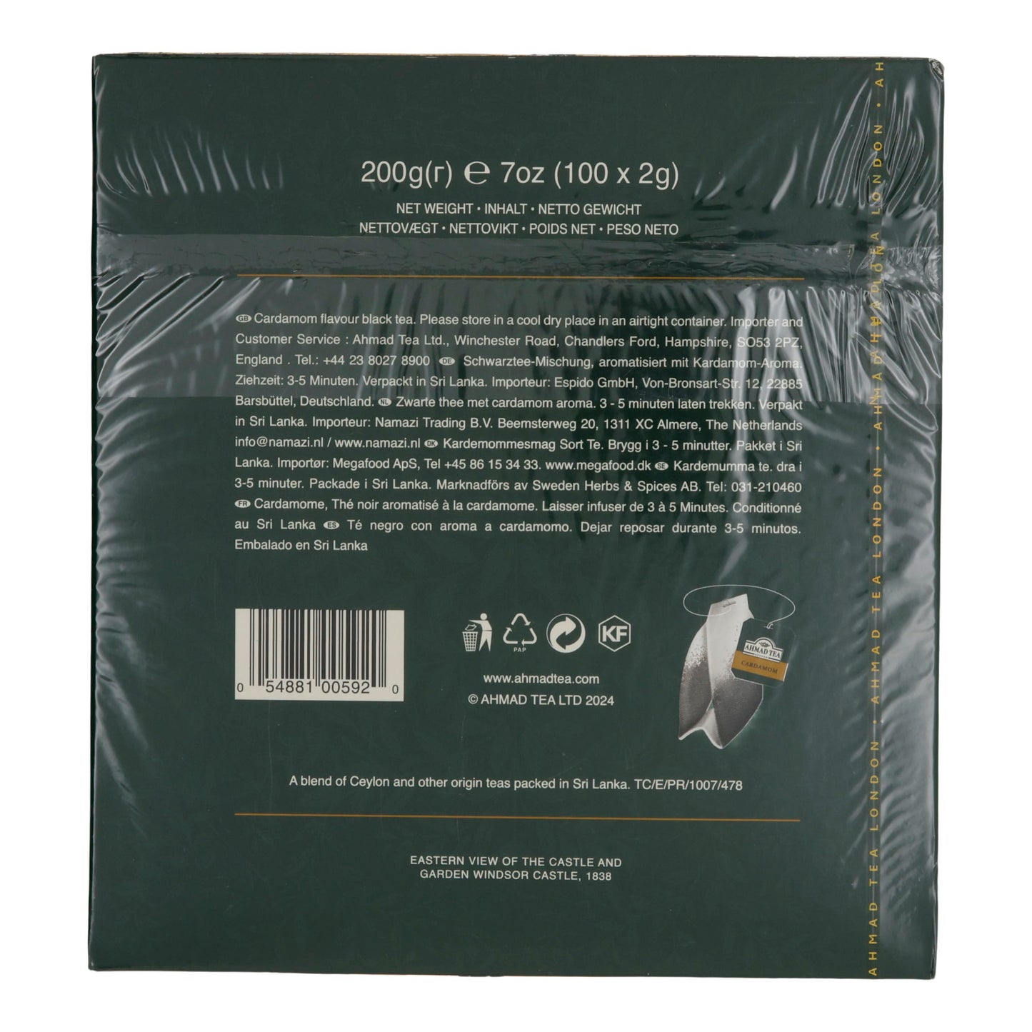 100 sachets de cardamome étiquetés t/b, Ahmad Tea