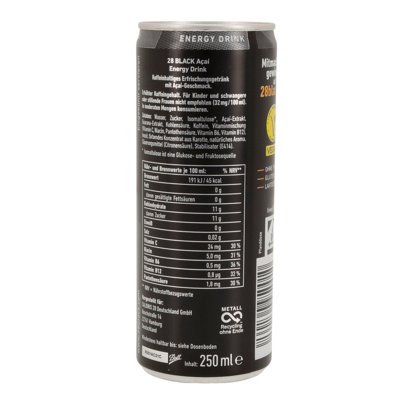 28 BLACK Energy Drink | Açaí-Geschmack | vegan & ohne Taurin | 250 ml