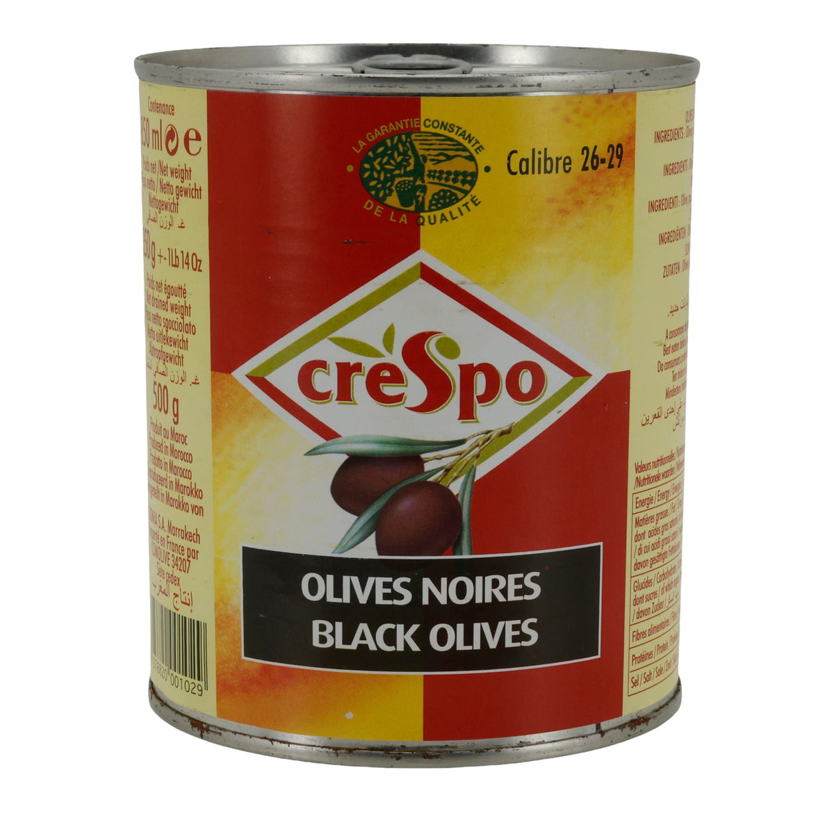 Oliven Crespo | schwarze ganze Oliven in Salzlake | Kaliber 26–29 | 850 ml Dose