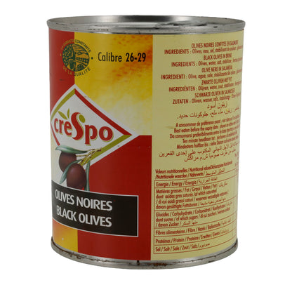 Oliven Crespo | tuzlu salamurada siyah bütün zeytinler | Kalibre 26–29 | 850 ml kutu