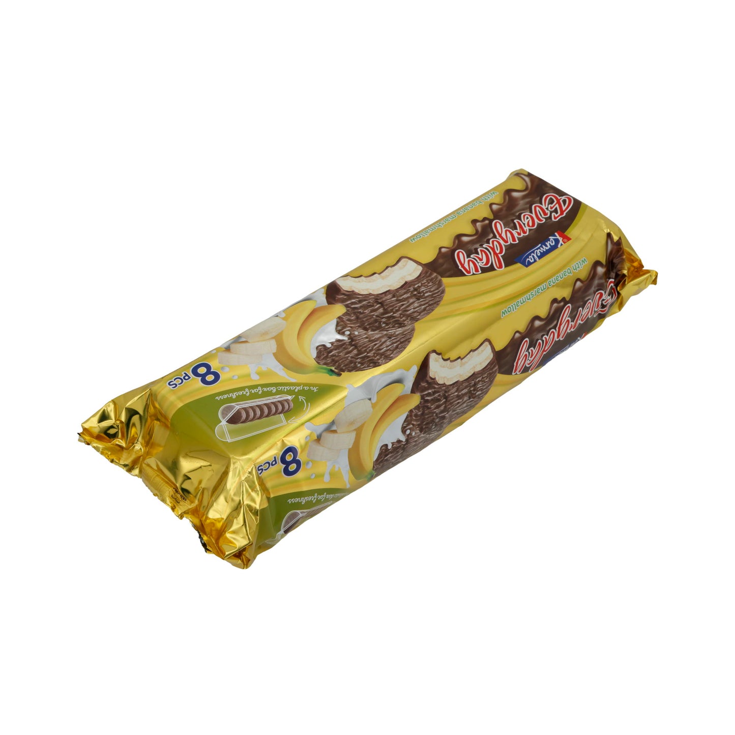 Biscotti al cioccolato Karmela | Con marshmallow alla banana | Cioccolato fondente e ripieno soffice | 8 pezzi
