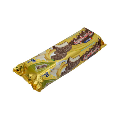 Biscotti al cioccolato Karmela | Con marshmallow alla banana | Cioccolato fondente e ripieno soffice | 8 pezzi