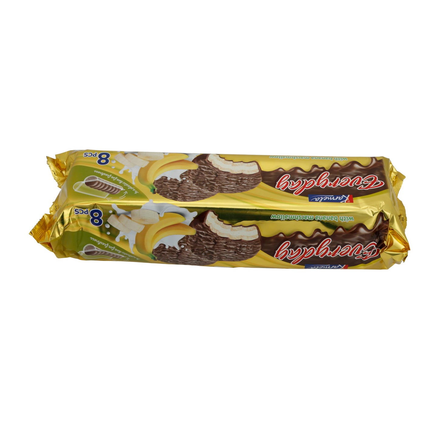 Biscotti al cioccolato Karmela | Con marshmallow alla banana | Cioccolato fondente e ripieno soffice | 8 pezzi