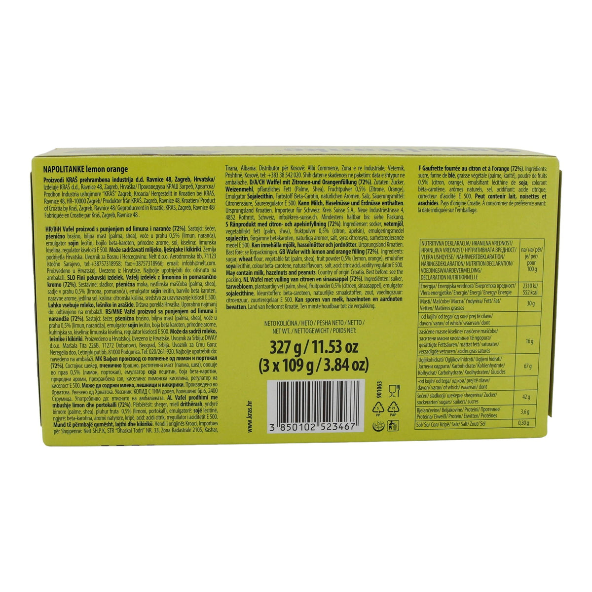 Waffeln Kraš Napolitanke | Gebäck | mit Zitronen- & Orangencremefüllung im 3er Pack | 327g