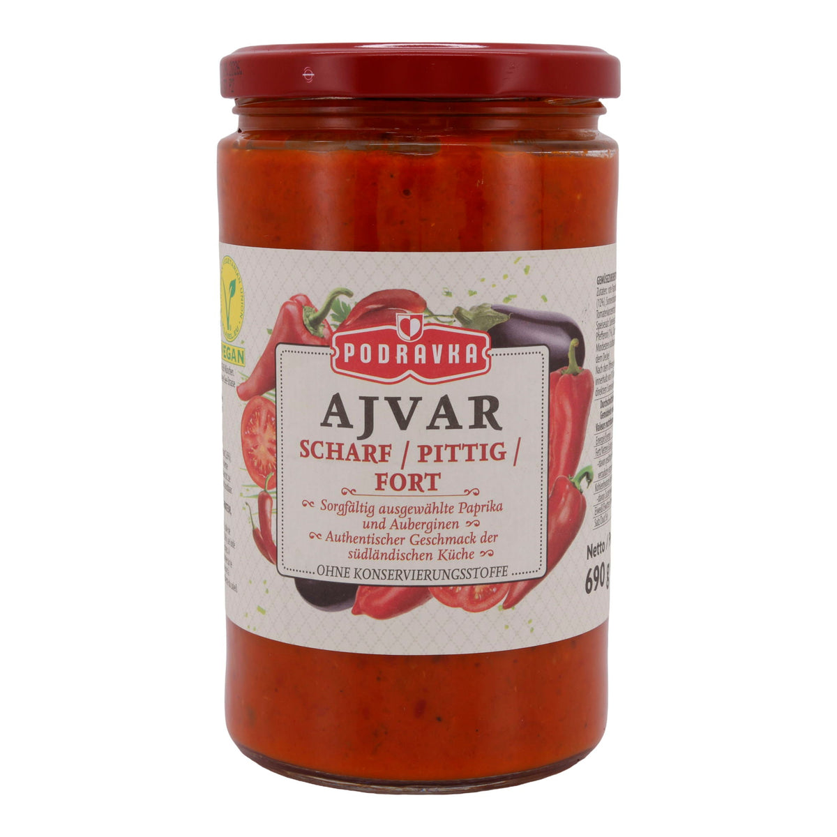 Paprikapaste Podravka | Ajvar Scharf/Pittig Fort | Authentisch, vegan | 690 g Glas