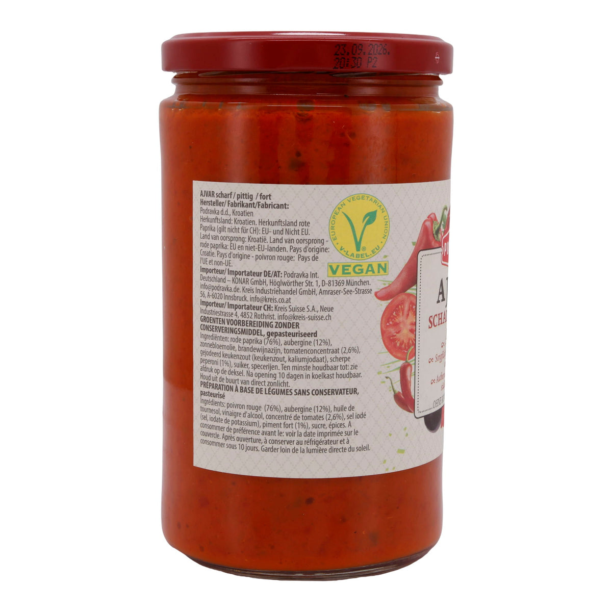 Paprikapaste Podravka | Ajvar Scharf/Pittig Fort | Authentisch, vegan | 690 g Glas