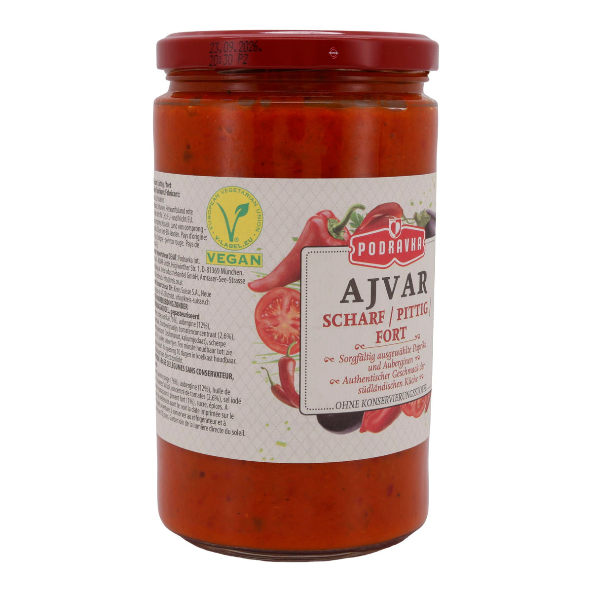 Paprikapaste Podravka | Ajvar Scharf/Pittig Fort | Authentisch, vegan | 690 g Glas