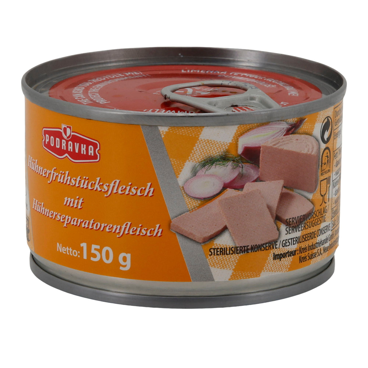 Geflügelkonserve Podravka Hühnerfrühstücksfleisch | Konserve | Zart mit Sojaeiweiß | 150 g PODRAVKA