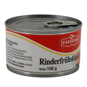 Carne di manzo in scatola Podravka Rinderfrühstücksfleisch | Scatola | Classico con proteine di soia | 150 g
