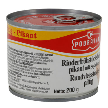 Carne di manzo in scatola Podravka Rinderfrühstücksfleisch piccante | Scatola | Speziata con proteine di soia | 200 g