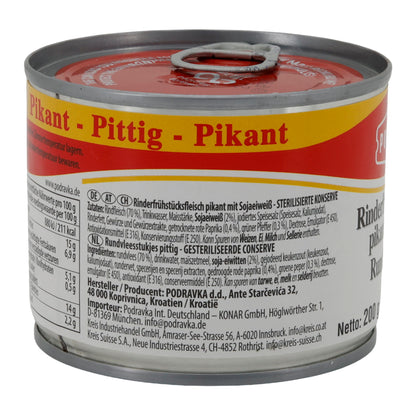 Carne di manzo in scatola Podravka Rinderfrühstücksfleisch piccante | Scatola | Speziata con proteine di soia | 200 g