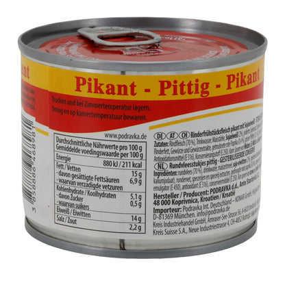 Carne di manzo in scatola Podravka Rinderfrühstücksfleisch piccante | Scatola | Speziata con proteine di soia | 200 g